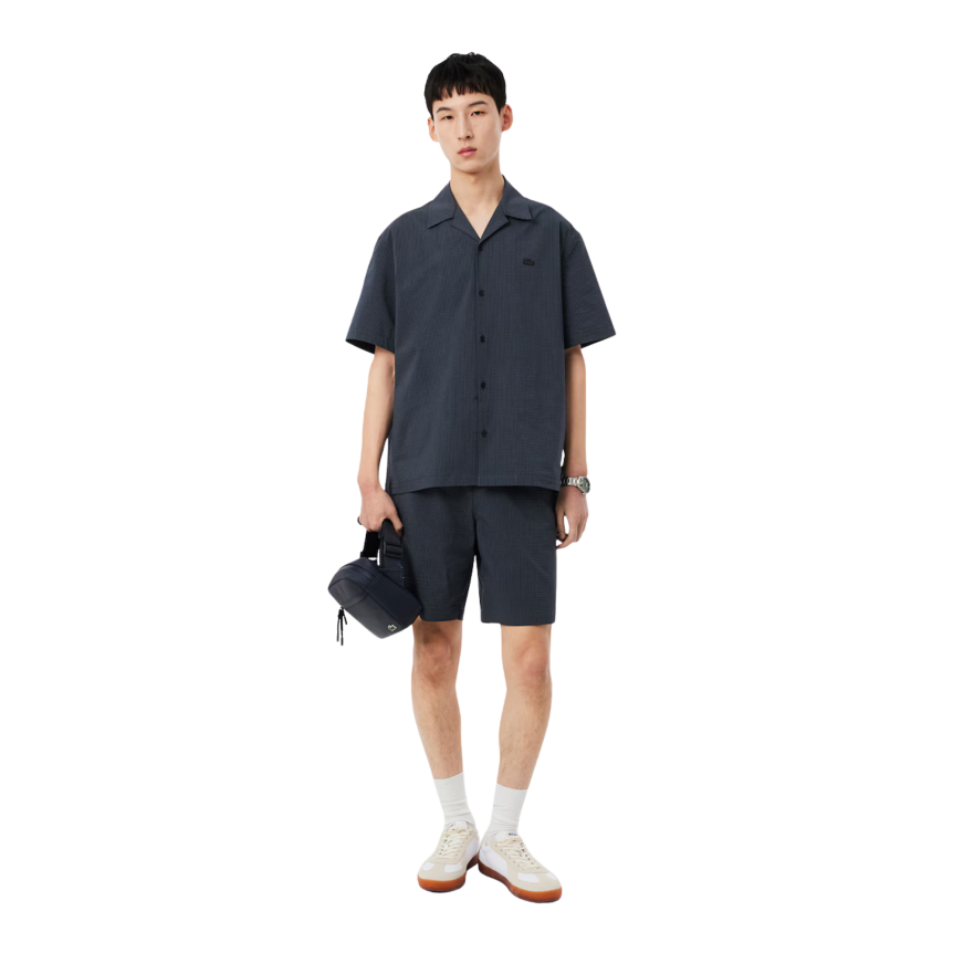 Chemise manche courte LACOSTE seersucker coton rayures noir gris
