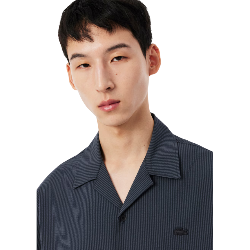 Chemise manche courte LACOSTE seersucker coton rayures noir gris