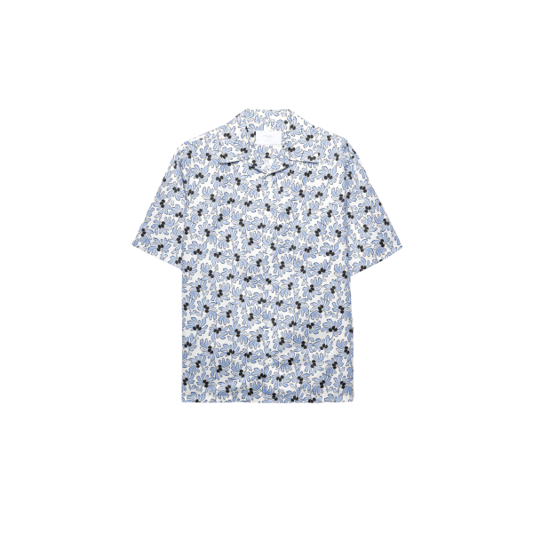 PRADA Chemise bowling mélange de coton imprimé Freesia fleurs bleu ciel noir