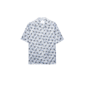 Chemise bowling mélange de coton écru  imprimé Freesia fleurs bleu ciel noir