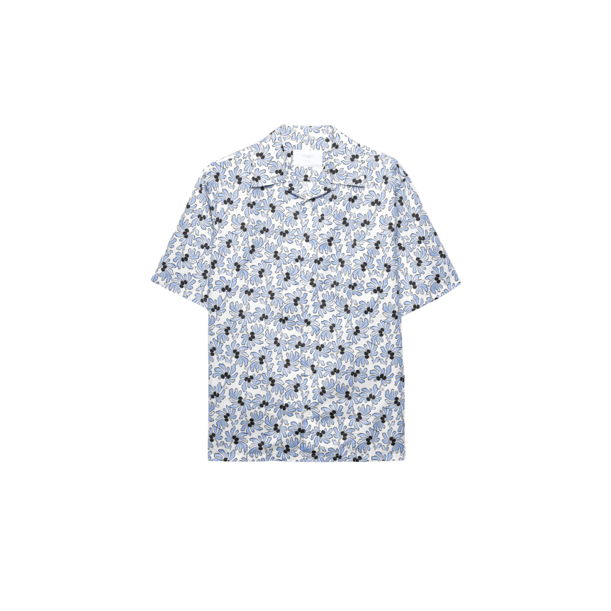 PRADA Chemise bowling mélange de coton imprimé Freesia fleurs bleu ciel noir