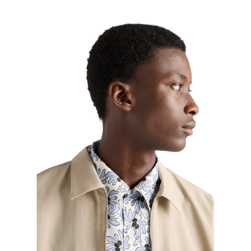 PRADA Chemise bowling mélange de coton imprimé Freesia fleurs bleu ciel noir