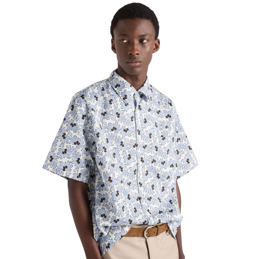 PRADA Chemise bowling mélange de coton imprimé Freesia fleurs bleu ciel noir