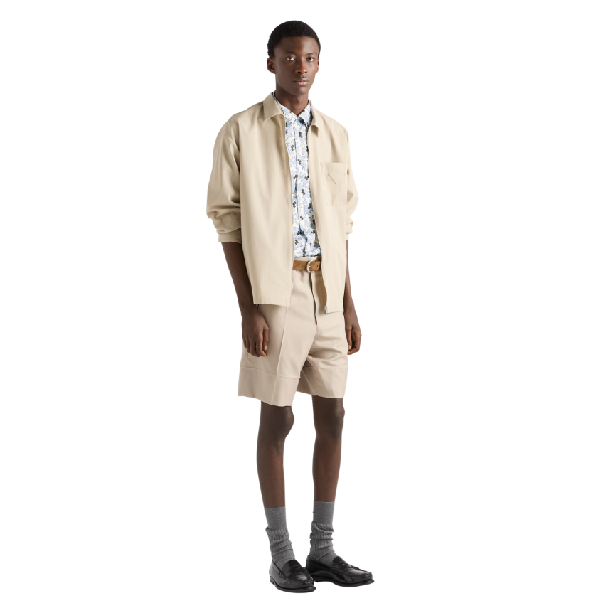 PRADA Chemise bowling mélange de coton imprimé Freesia fleurs bleu ciel noir