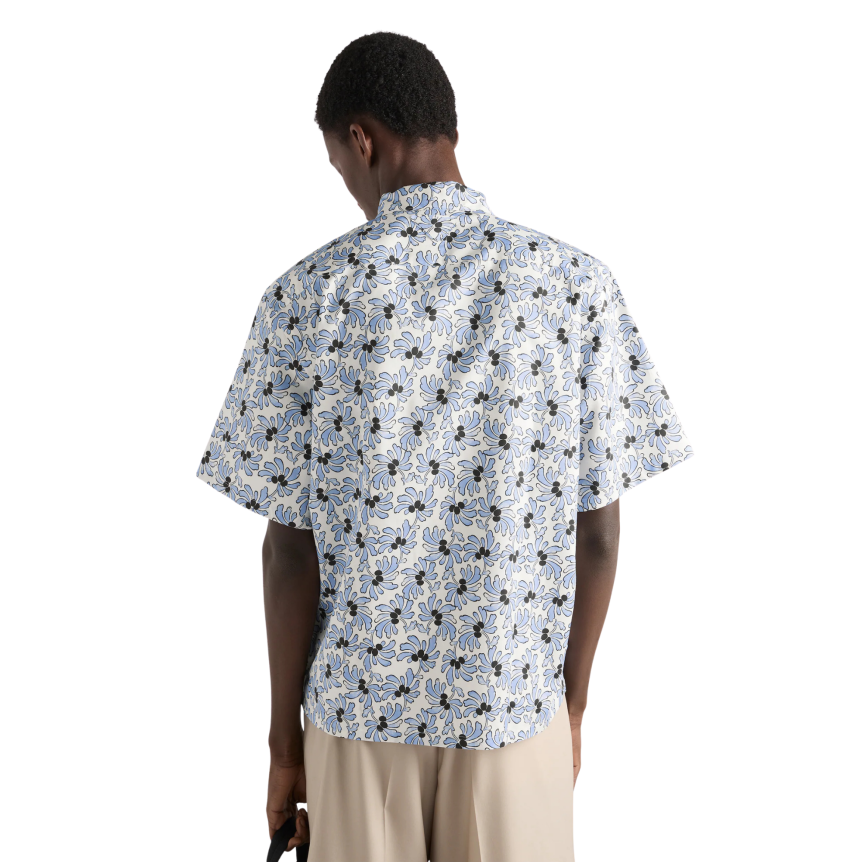 PRADA Chemise bowling mélange de coton imprimé Freesia fleurs bleu ciel noir