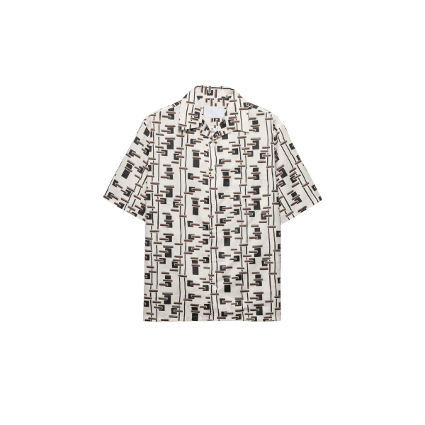 Chemise bowling PRADA mélange de coton écru imprimé graphique marron gris