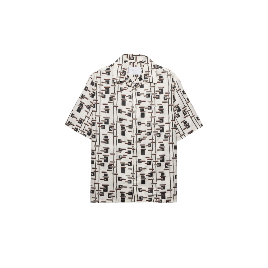 Chemise bowling PRADA mélange de coton écru imprimé graphique marron gris