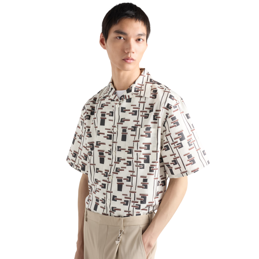 Chemise bowling PRADA mélange de coton écru imprimé graphique marron gris
