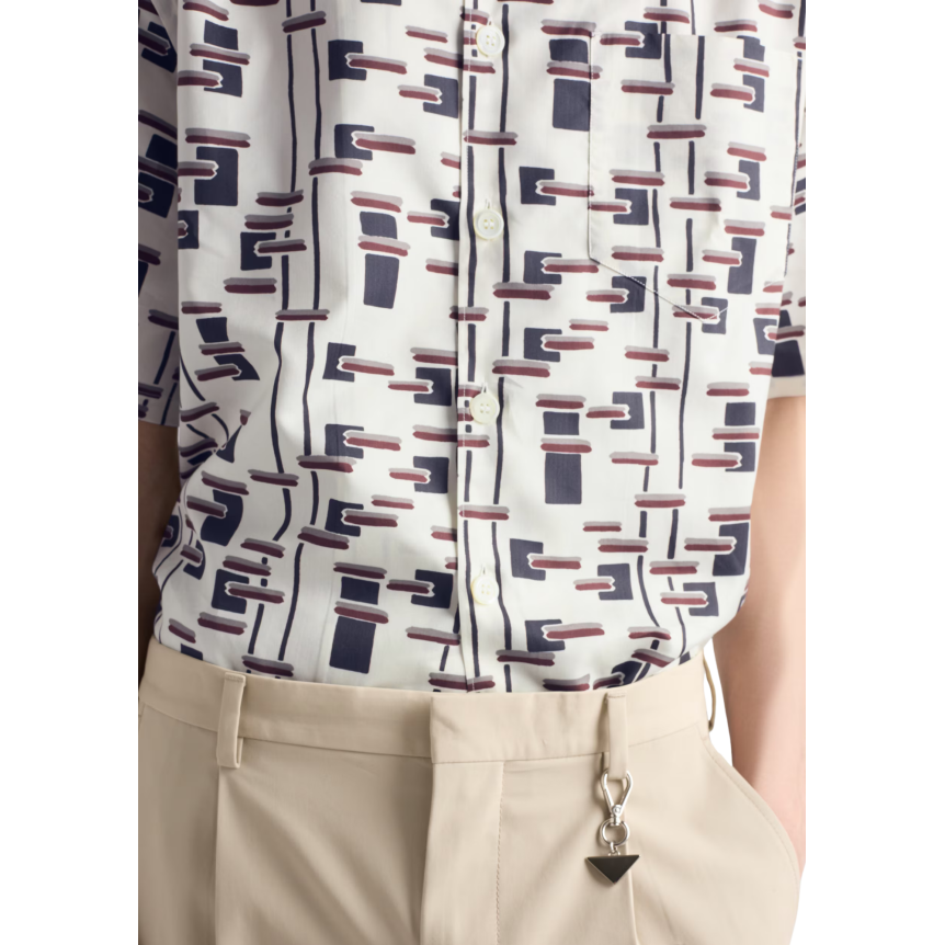 Chemise bowling PRADA mélange de coton écru imprimé graphique marron gris