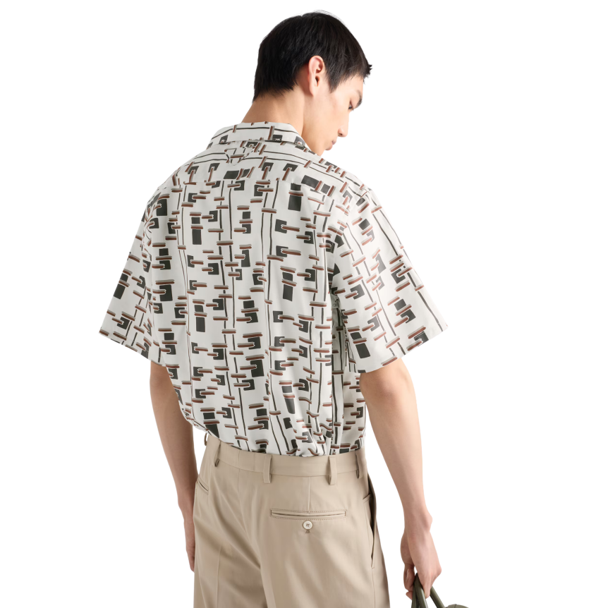 Chemise bowling PRADA mélange de coton écru imprimé graphique marron gris