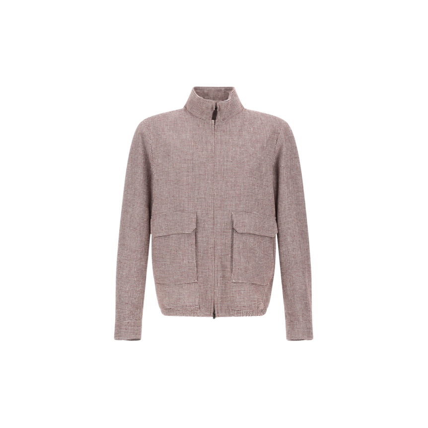Blouson Bomber HERNO zippé col montant lin et coton pied de poule marron