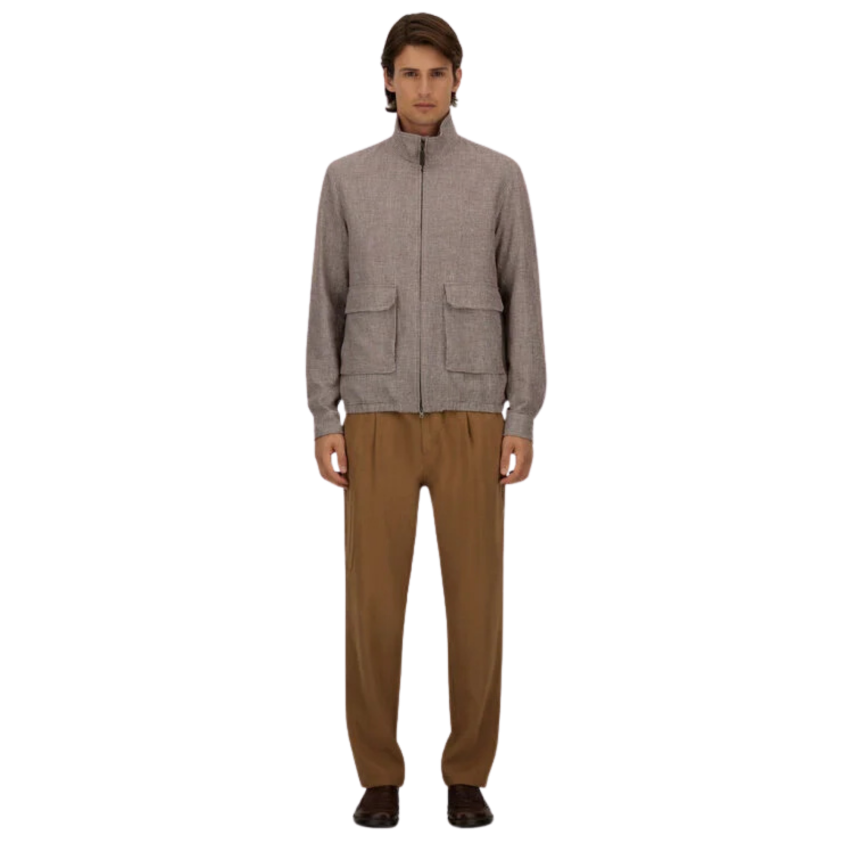 Blouson Bomber HERNO zippé col montant lin et coton pied de poule marron