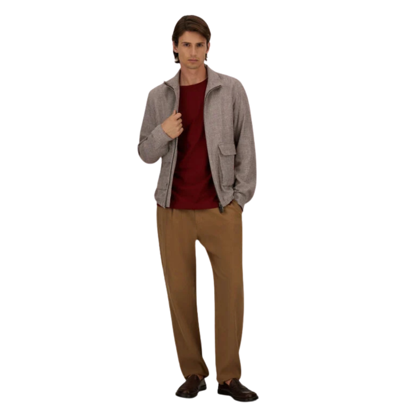 Blouson Bomber HERNO zippé col montant lin et coton pied de poule marron