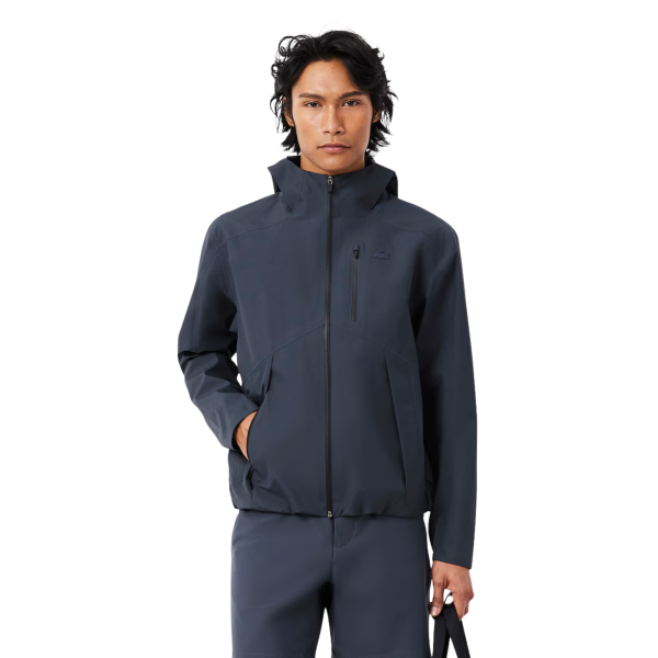 Blouson à capuche zippé LACOSTE nylon imperméable gris anthracite