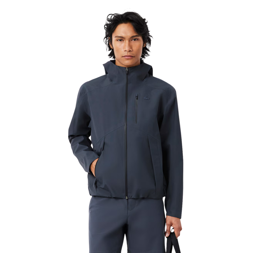 Blouson à capuche zippé LACOSTE nylon imperméable gris anthracite