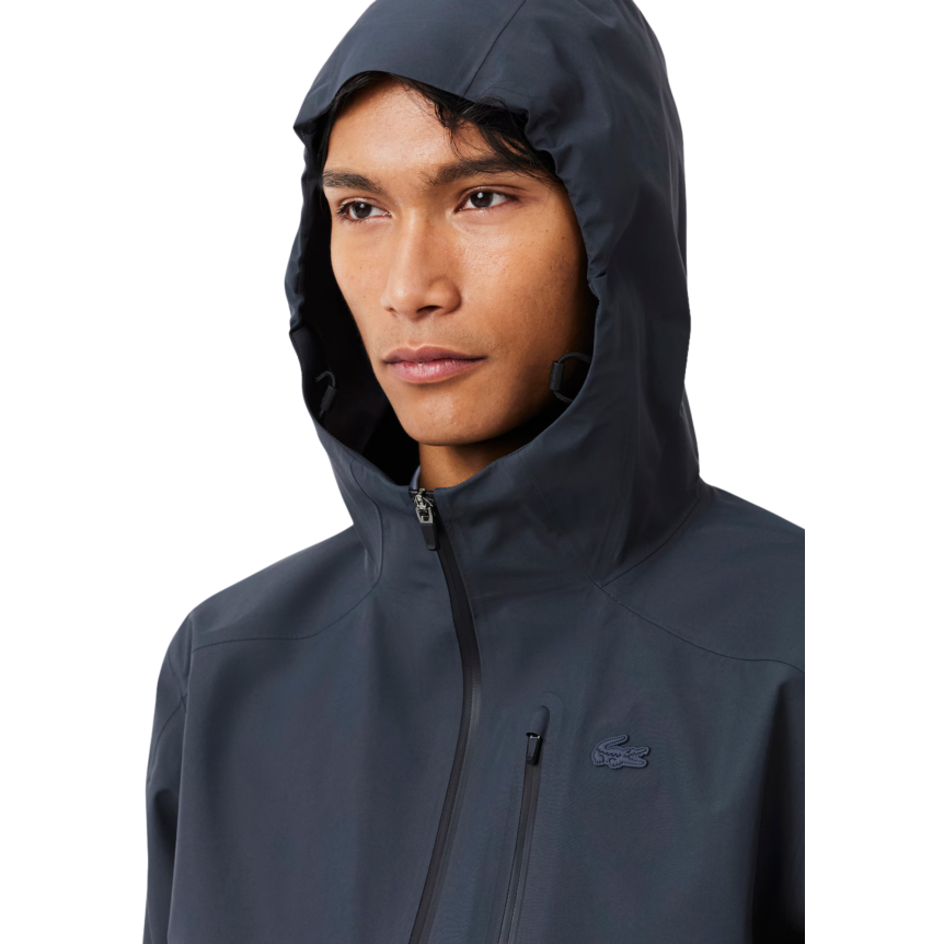 Blouson à capuche zippé LACOSTE nylon imperméable gris anthracite