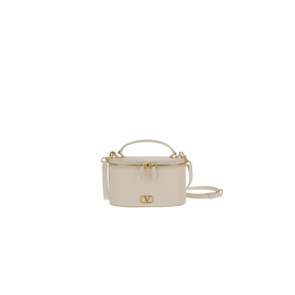Mini sac vanity-case V Logo Signature en cuir de veau grainé écru