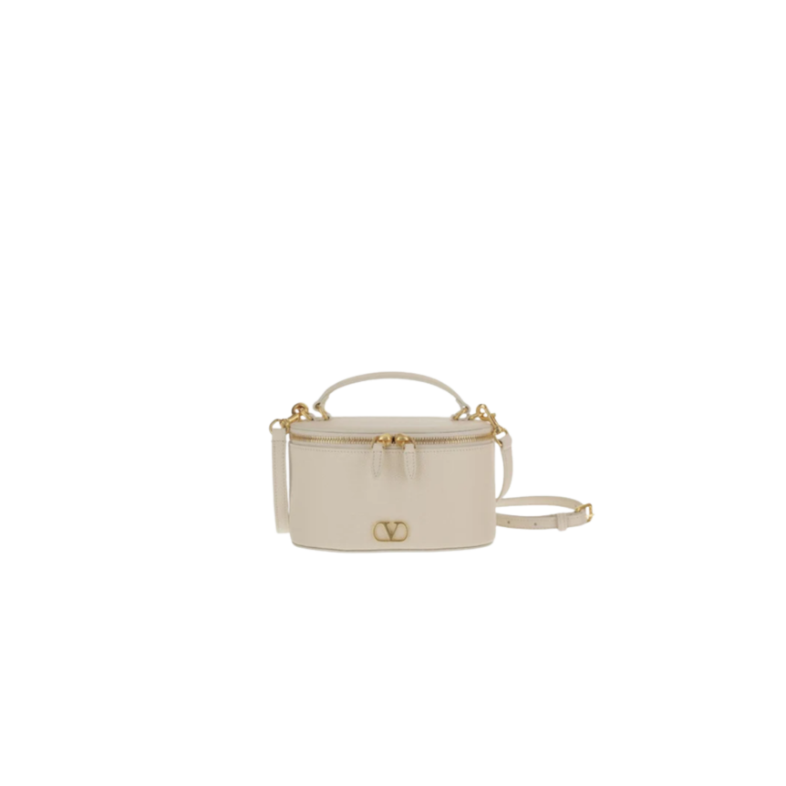 Mini sac vanity-case V Logo Signature en cuir de veau grainé écru