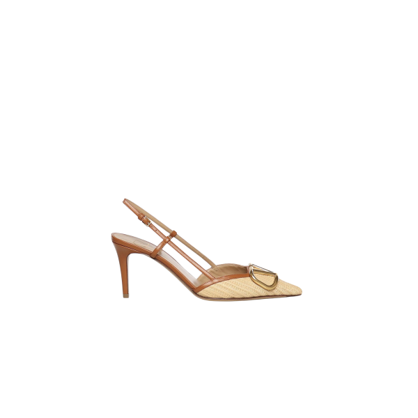 Escarpin ouverts VALENTINO Slingback talon bride raphia cuir beige V logo doré