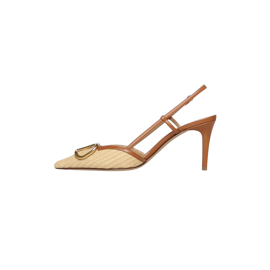 Escarpin ouverts VALENTINO Slingback talon bride raphia cuir beige V logo doré
