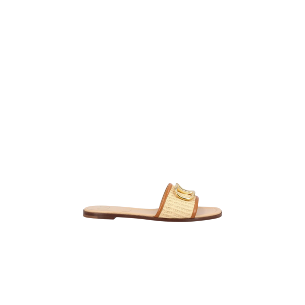 Mule plate sandale VALENTINO cuir Raphia beige V logo doré