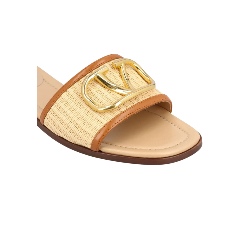 Mule plate sandale VALENTINO cuir Raphia beige V logo doré