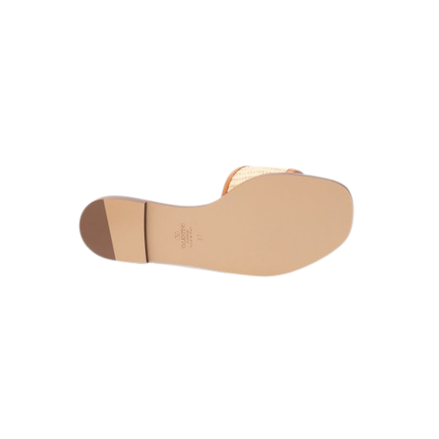 Mule plate sandale VALENTINO cuir Raphia beige V logo doré