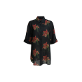 Chemisier manche courte lin noir hibiscus rouge
