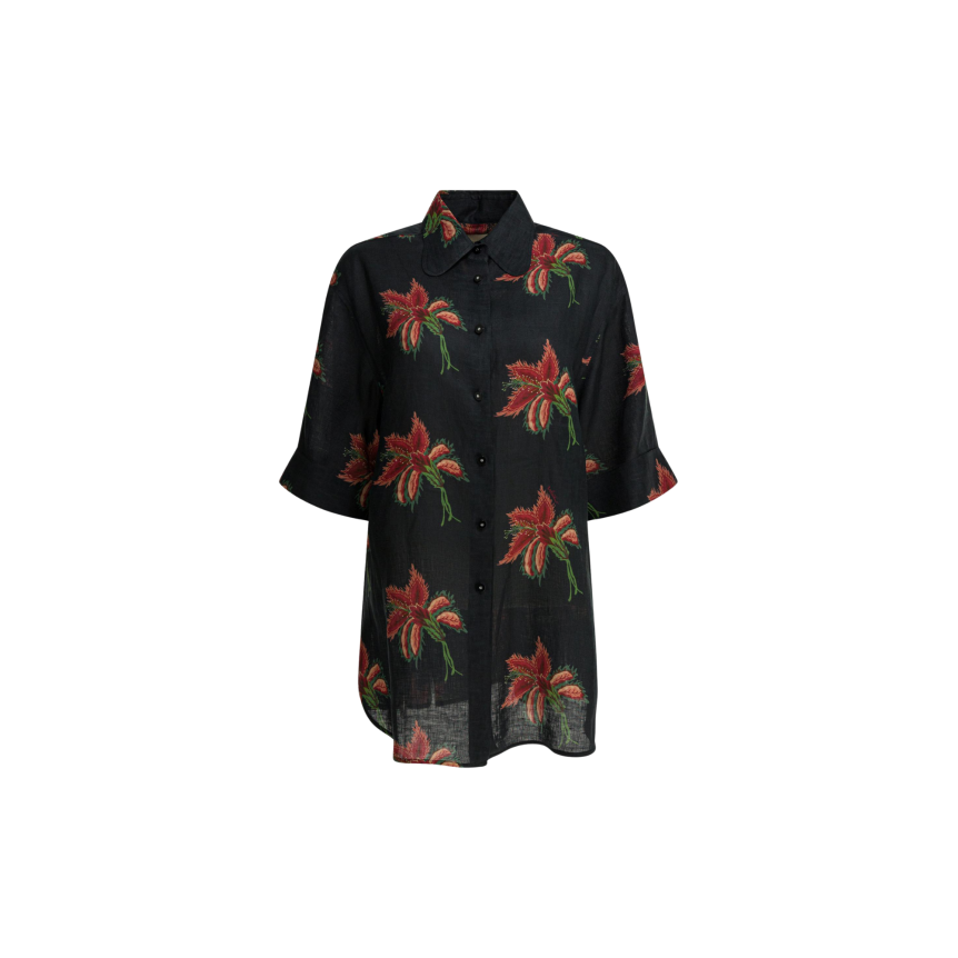 Chemisier manche courte VALENTINO lin noir hibiscus rouge