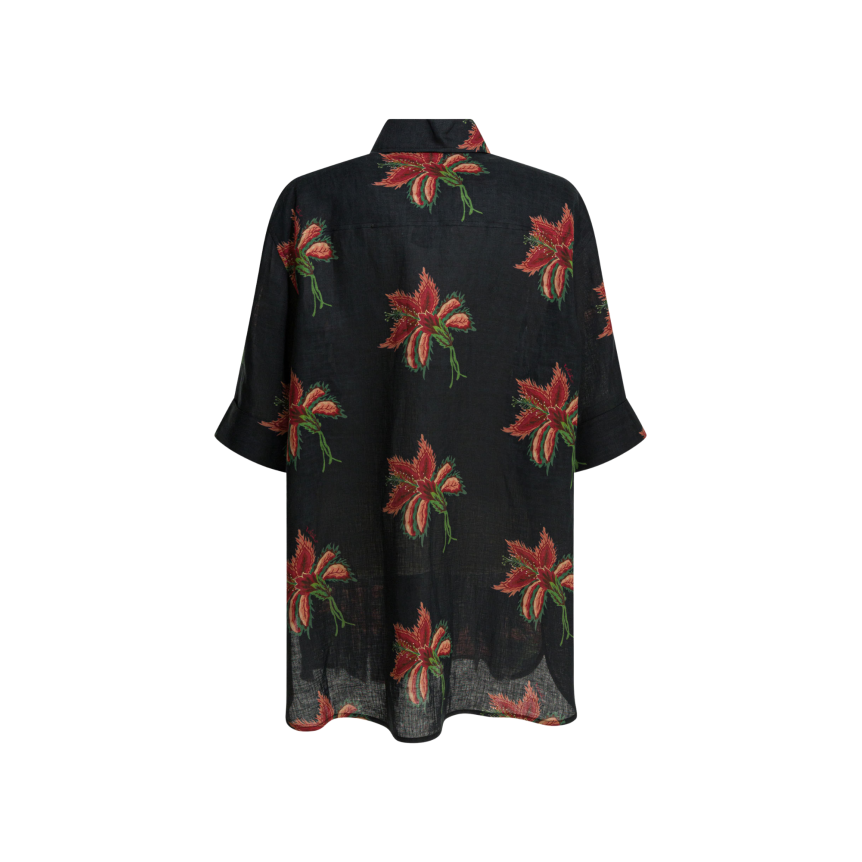 Chemisier manche courte VALENTINO lin noir hibiscus rouge