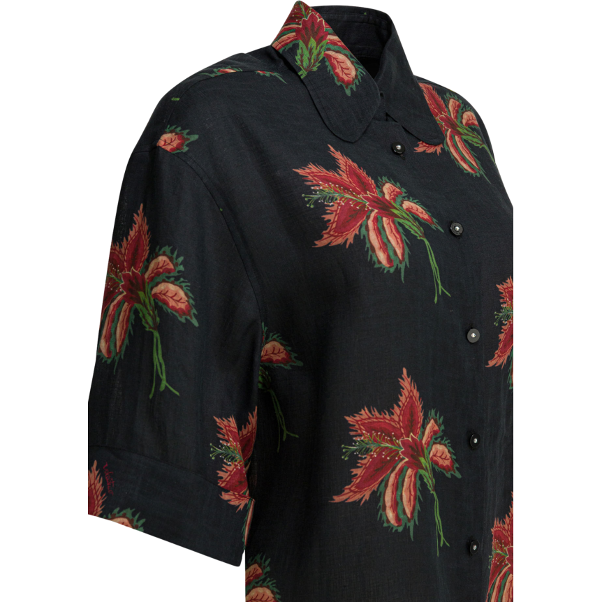 Chemisier manche courte VALENTINO lin noir hibiscus rouge