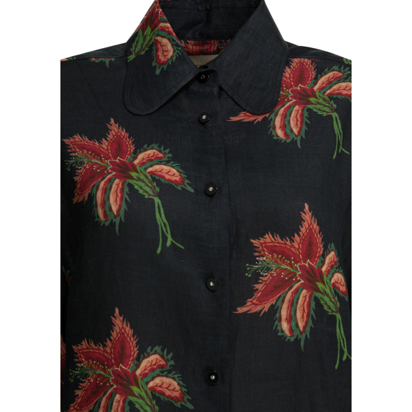 Chemisier manche courte VALENTINO lin noir hibiscus rouge