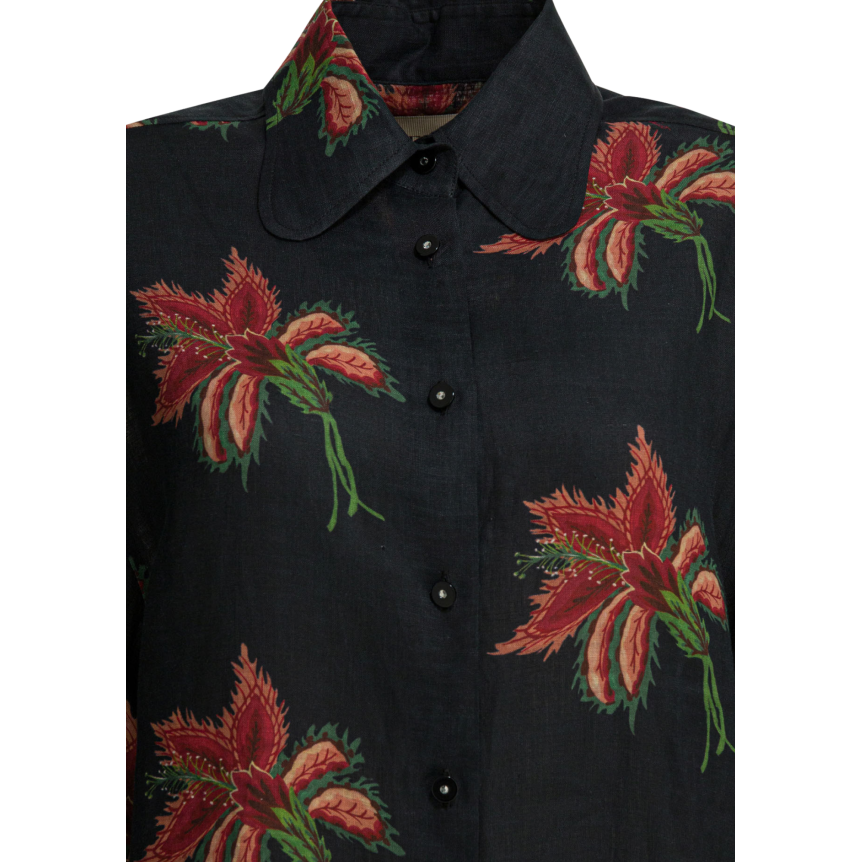 Chemisier manche courte VALENTINO lin noir hibiscus rouge