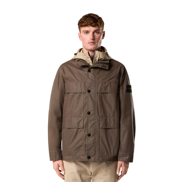 Veste saharienne STONE ISLAND toile de coton polyester enduite cire marron