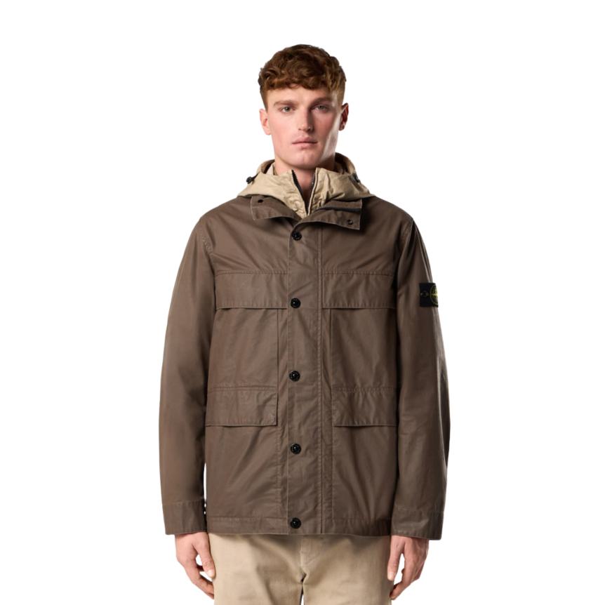Veste saharienne STONE ISLAND toile de coton polyester enduite cire marron