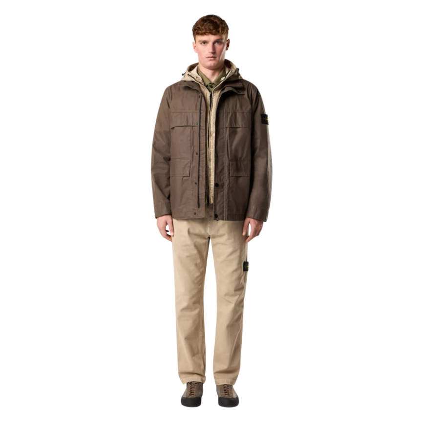 Veste saharienne STONE ISLAND toile de coton polyester enduite cire marron