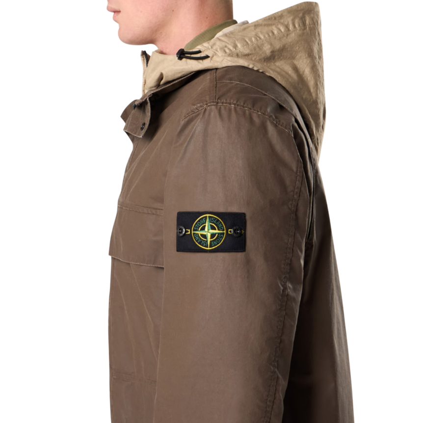 Veste saharienne STONE ISLAND toile de coton polyester enduite cire marron