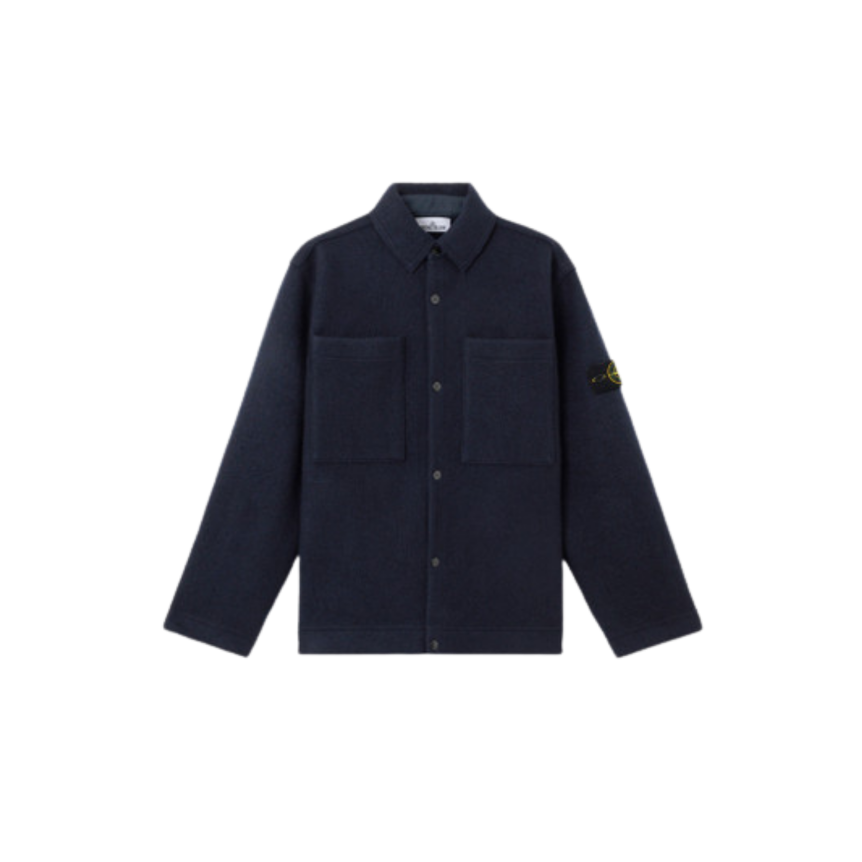 Surchemise bouton pression STONE ISLAND laine feutre bleu marine poche poitrine