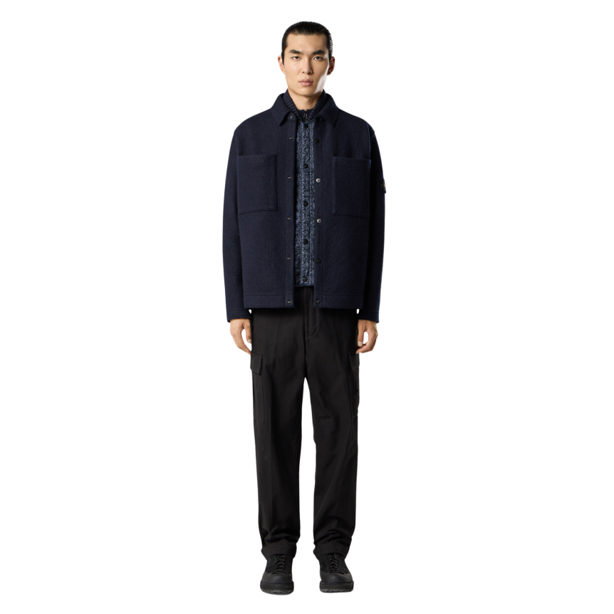 Surchemise bouton pression STONE ISLAND laine feutre bleu marine poche poitrine