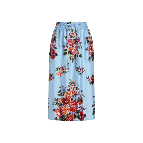 Jupe mi longue midi DOLCE & GABBANA ample soie bleu imprimé fleur rouge