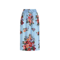 Jupe mi longue midi ample soie bleu imprimé fleur rouge