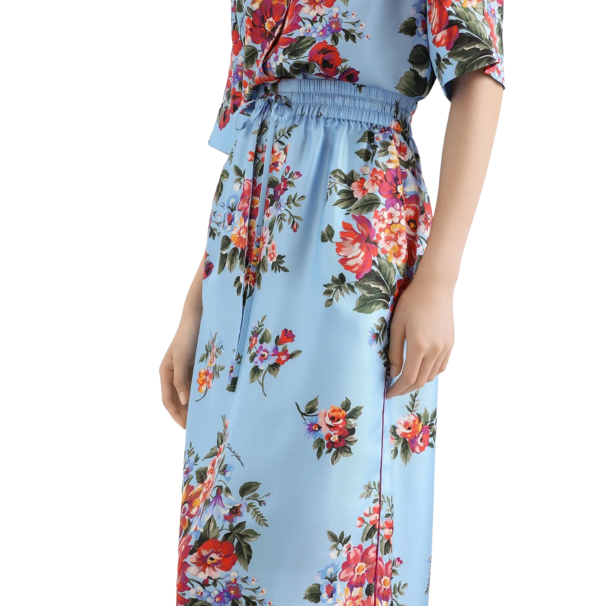 Jupe mi longue midi DOLCE & GABBANA ample soie bleu imprimé fleur rouge