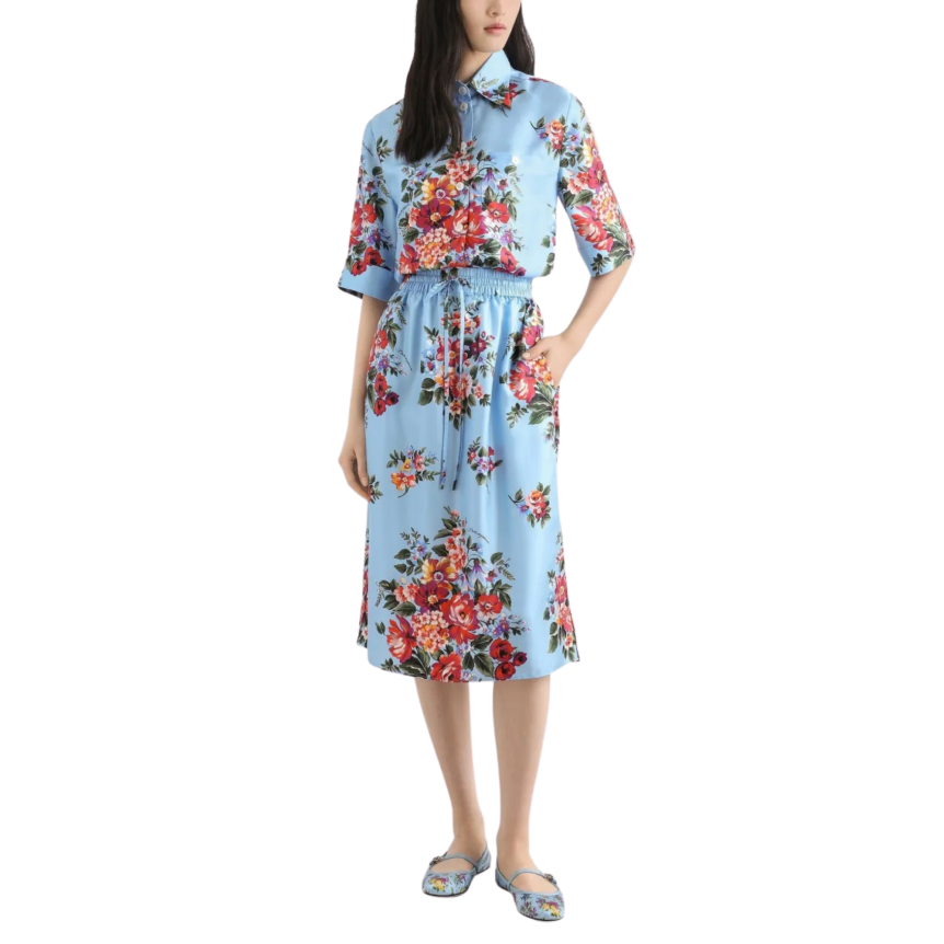 Jupe mi longue midi DOLCE & GABBANA ample soie bleu imprimé fleur rouge