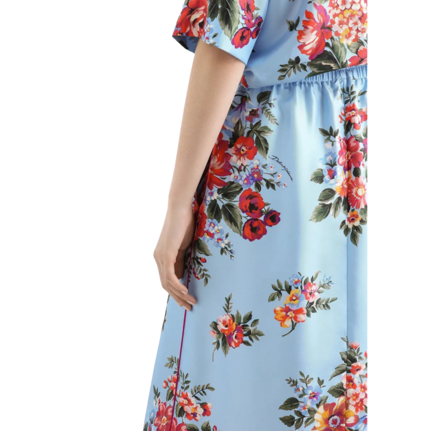 Jupe mi longue midi DOLCE & GABBANA ample soie bleu imprimé fleur rouge