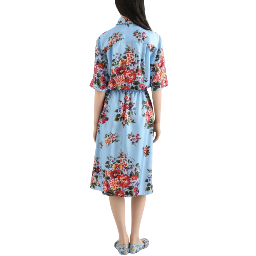 Jupe mi longue midi DOLCE & GABBANA ample soie bleu imprimé fleur rouge