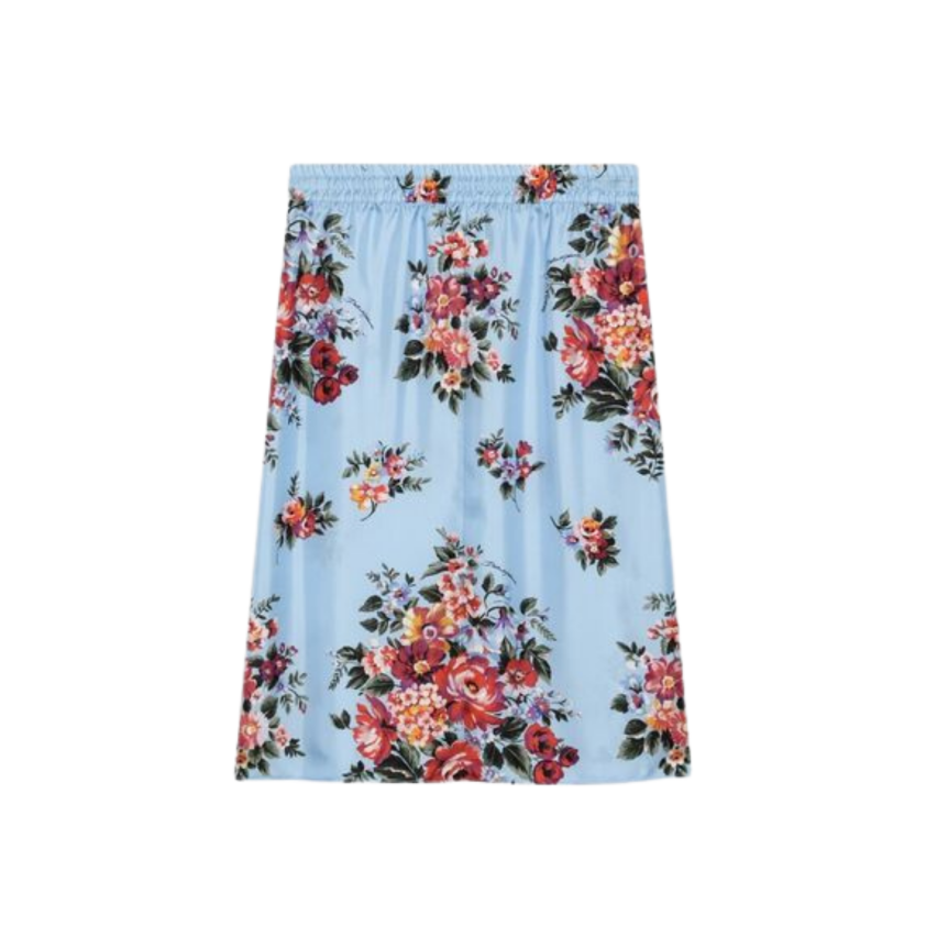 Jupe mi longue midi DOLCE & GABBANA ample soie bleu imprimé fleur rouge