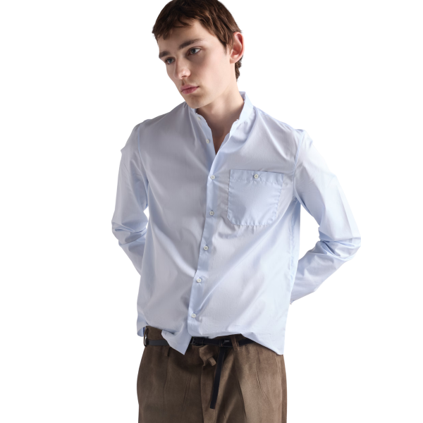 Chemise manche longue PRADA Col mandarin coton bleu ciel bord brut