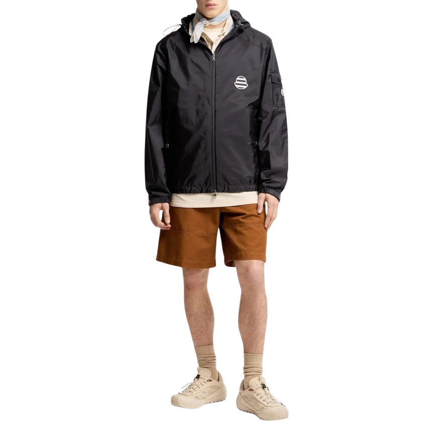 Blouson veste zippée à capuche MONCLER Mornay nylon bleu marine logo rayures