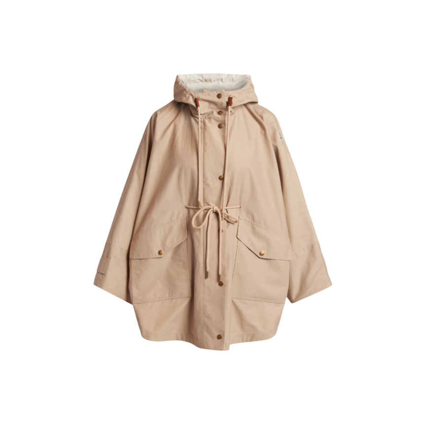 Parka mi longue à capuche MONCLER Brunnera effet cape beige bouton pression cordon taille