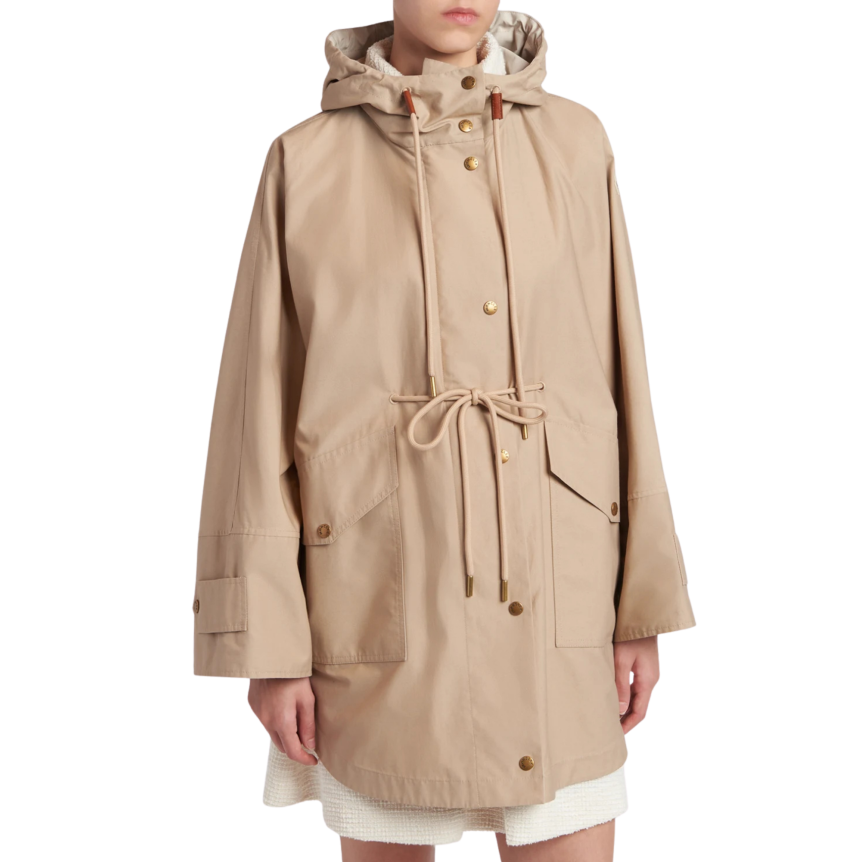 Parka mi longue à capuche MONCLER Brunnera effet cape beige bouton pression cordon taille